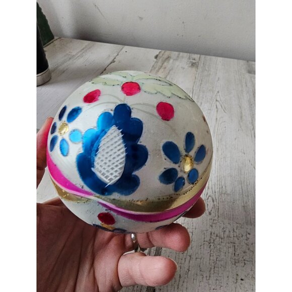 Antique flower ball mercury ornament glass blue yellow striped flocked - Picture 6 of 8